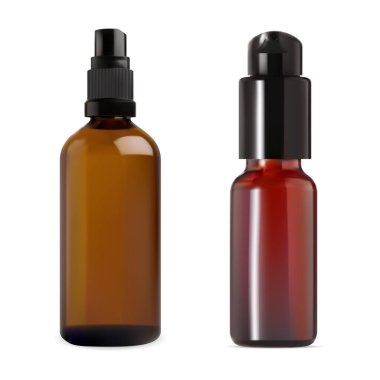 Kahverengi serum sprey şişesi. Amber cam esaslı yağ damlası, marka tanıtım sunumu için izole edilmiş şablon konsepti. Gerçekçi aerosol şişesi, profesyonel sıvı kozmetik