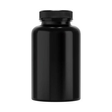 Siyah hap şişesi. Siyah plastik takviye kavanozu modeli. Kapaklı, vektör şablonlu parlak vitamin paketi boş. Ürün etiketiniz için ilaç tableti paketleme, izole ürün tasarımı