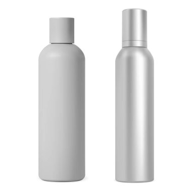 Sprey şişe maketi. Alüminyum metal deodorant sprey kutusu, vektör çizimi. Kozmetik saç spreyi kutusu boş. Tazeleyici ürün şablonu, terletici tüp, gümüş çelik