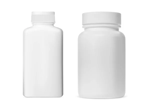 Tablettás Üveg Fehér Műanyag Kiegészítő Kapszula Tartály Mockup Gyógyszerészeti Vényköteles — Stock Vector