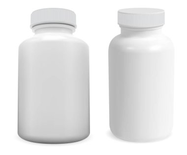 Beyaz plastik hap şişesi maketi. Destek paketi, kaptan. Vitamin kapsülü, tıbbi tedavi kutusu, küçük reçeteli silindir paketi. Gerçekçi uyuşturucu paketleme şablonu çizimi