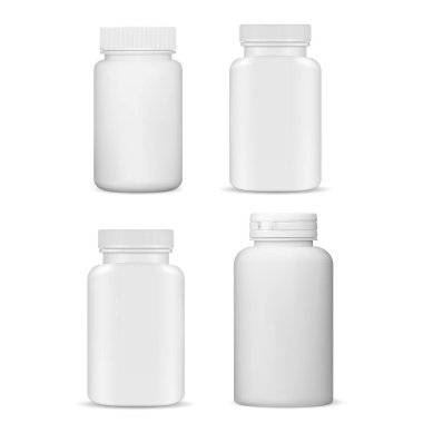 İlaç şişesi boş. Plastik vitamin kabı, vektör modeli. Ek kavanoz tasarımı, kapsül ya da kapaklı tablet kutusu etiketiniz için. Reçeteli ilaç ambalajı, antibiyotik