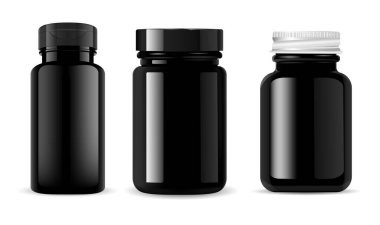 Siyah hap şişesi. Vitamin takviye kabı modelleme 3d vektör boş, izole şablon. Tıbbi kapsül kavanozu, parlak bir paket. Spor vitamini ürünü yuvarlak ambalajlama, gerçekçi illüstrasyon