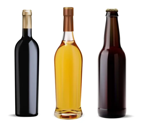 Alcohol Bottle Vector Mockup Whisky Wine Beer Glass Template Set — Stockový vektor