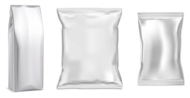 Foil pouch mockup, snack food sachet vector template. Silver coffee pouch, glossy design. Realistic gray napkin pillow bag, realistic illustration. Chips or chocolate packet for branding
