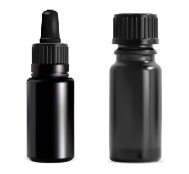 Gerekli yağ şişesi seti. Beyaz arka planda siyah cam damlalar var. Serum ya da özü için tıbbi konteynır tasarımı, plastik kapaklı göz damlası paketi. Eczane matarasının canı cehenneme.