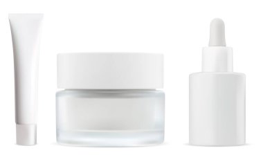 Kozmetik şişe seti. Deri serumu için beyaz damla şişesi. Yüz kremi kavanozu modeli, vektör boş. Banyo hijyeni için güzellik losyonu, spa ambalajlama. Şablon tasarımını temizle