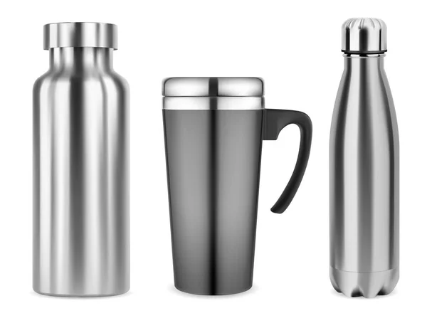 Thermo Cup Reiskoffiemok Set Geïsoleerde Vector Mockup Zilveren Rvs Thermosfles — Stockvector