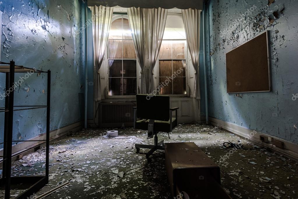 Old Room Of A Crazy Man In The Abandoned Hospital Stock