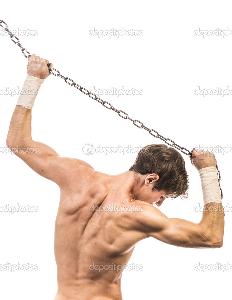 Strong Man with chain in studio on white background