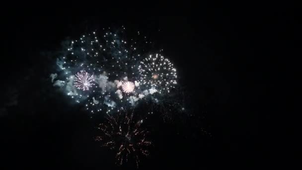 ดอกไม้ไฟนามธรรมที่สวยงามบนท้องฟ้ากลางคืนที่ลึกในเวลากลางคืน, ปีใหม่และการเฉลิมฉลองคริสต์มาส 2022, วิดีโอคุณภาพสูง 4k — วีดีโอสต็อก