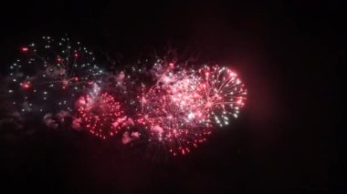 Ulusal bayramda, 2022 yılbaşı partisinde siyah arka planda gerçek soyut renkli havai fişek festivali gösteriminin uzun zamandır kusursuz döngüsü.