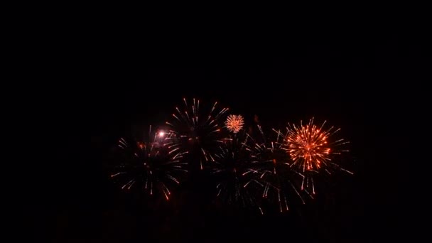 Loop sömlös av riktiga fyrverkerier med abstrakta suddiga bokeh ljus på natthimlen. Glödande fyrverkerifestival. Nyår kväll 2022 fyrverkeri fest — Stockvideo