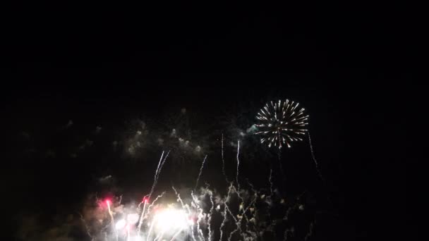 Loop sem costura de fogos de artifício reais com luzes de bokeh borrão abstratas no céu noturno. Festival de fogos de artifício brilhantes. Véspera de Ano Novo 2022 celebração de fogos de artifício — Vídeo de Stock