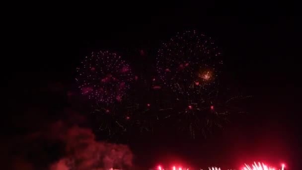 Fuegos artificiales reales muestran celebración. Fuegos artificiales abstractos coloridos en resolución 4K para el año nuevo 2022 — Vídeo de stock