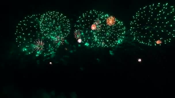 国民の祝日、新年会中の夜に本物のカラフルな花火大会の長い時間シームレスなループ2022 — ストック動画