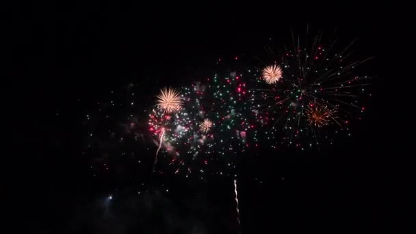 Fuegos artificiales reales muestran celebración. Fuegos artificiales abstractos coloridos en resolución 4K para el año nuevo 2022 — Vídeo de stock