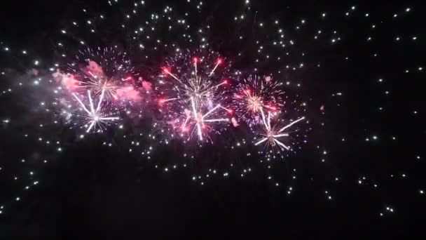 4K довгий час безшовна петля справжнього барвистого фестивалю феєрверків на небі відображається вночі під час національних свят, новорічна вечірка 2022 року — стокове відео