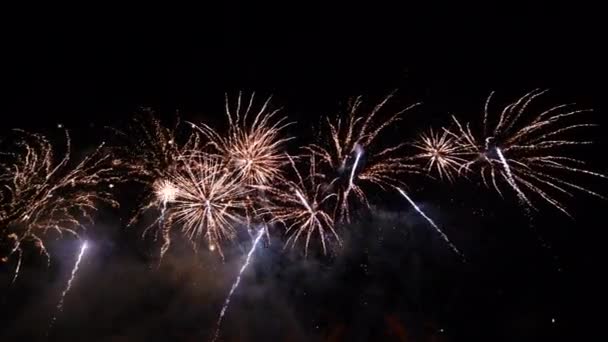 Fuegos artificiales reales muestran celebración. Fuegos artificiales abstractos coloridos en resolución 4K para el año nuevo 2022 — Vídeos de Stock