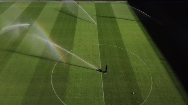 Bevattning fotbollsplan innan professionell fotbollsmatch, gräsmatta vård, bevattning av gräs innan fotbollsmatch koncept. 4k hög kvalitet filmiska hdr bilder — Stockvideo