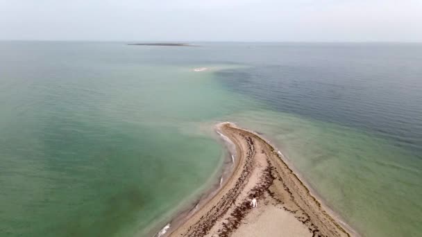 Novia en isla de arena deshabitada en arrecife oceánico, 4k drone video sin clasificar — Vídeo de stock