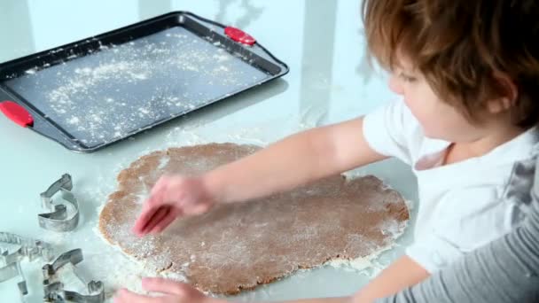 Mamma e figlio stendono la pasta e tagliano le statuette di pan di zenzero in cucina — Video Stock