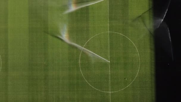 Innaffiare il campo di calcio prima della partita di calcio professionale, cura del prato, irrigazione dell'erba prima del concetto di partita di calcio. 4k di alta qualità filmati hdr cinematografici — Video Stock