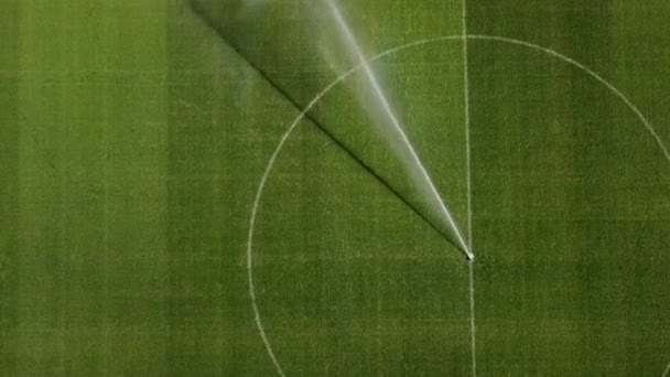 Bevattning fotbollsplan innan professionell fotbollsmatch, gräsmatta vård, bevattning av gräs innan fotbollsmatch koncept. 4k hög kvalitet filmiska hdr bilder — Stockvideo