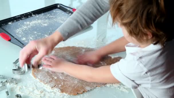 Mamma och son rullar ut deg och skär pepparkaksfigurer tillsammans i köket — Stockvideo