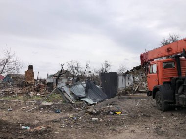 Borodyanka, Kiev bölgesi, Ukrayna. 08 Nisan 2022 'de yıkılmış Borodyanka köyü yakın zamanda Ruslardan kurtarıldı.