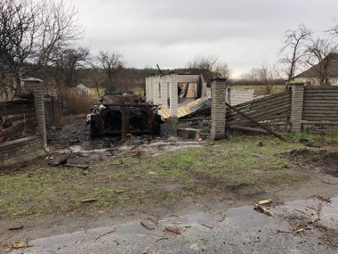 Borodyanka, Kiev bölgesi, Ukrayna. 08 Nisan 2022 'de yıkılmış Borodyanka köyü yakın zamanda Ruslardan kurtarıldı.
