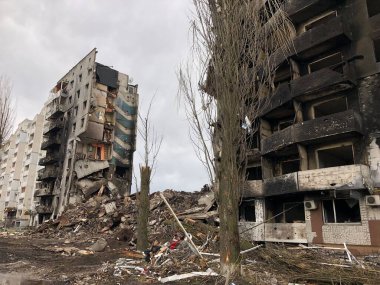 Borodyanka, Kyiv region, Ukraine. April 08, 2022: destroyed building after russian occupation  clipart
