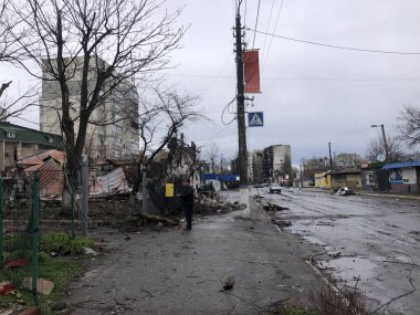 Borodyanka, Kiev bölgesi, Ukrayna. 08 Nisan 2022 'de yıkılmış Borodyanka köyü yakın zamanda Ruslardan kurtarıldı.