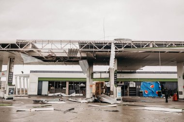 Borodyanka, Kyiv region, Ukraine. April 08, 2022: gas station destroyed by russian occupants in Borodynka clipart