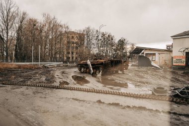 Borodyanka, Kiev bölgesi, Ukrayna. 08 Nisan 2022 'de yıkılmış Borodyanka köyü yakın zamanda Ruslardan kurtarıldı.