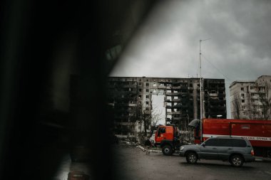 Borodyanka, Kiev bölgesi, Ukrayna. 08 Nisan 2022: Rus işgalinden sonra yıkılan bina 