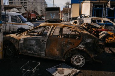 Borodyanka, Kyiv region, Ukraine. April 08, 2022: twisted wreckage of car being destroyed by russian army 