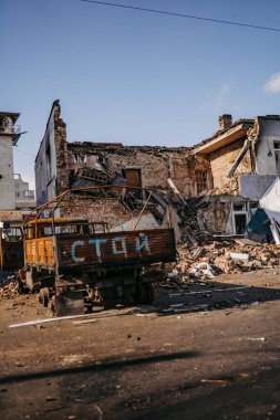 Borodyanka, Kiev bölgesi, Ukrayna. 08 Nisan 2022 'de yıkılmış Borodyanka köyü yakın zamanda Ruslardan kurtarıldı.