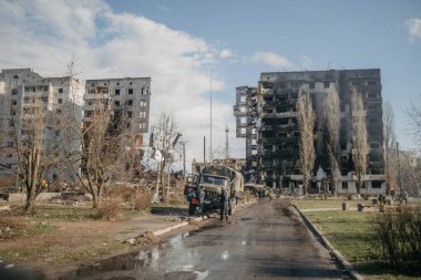Borodyanka, Kiev bölgesi, Ukrayna. 08 Nisan 2022: Rus işgalinden sonra yıkılan bina 
