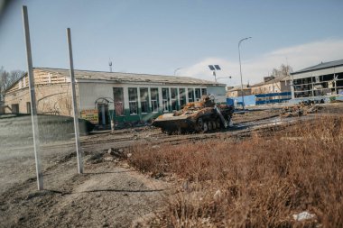 Borodyanka, Kiev bölgesi, Ukrayna. 08 Nisan 2022 'de yıkılmış Borodyanka köyü yakın zamanda Ruslardan kurtarıldı.