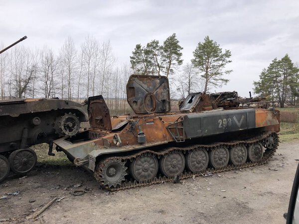 Borodyanka, Kyiv region, Ukraine. April 08, 2022: destruction and burnt out Russian military vehicle in Borodyanka
