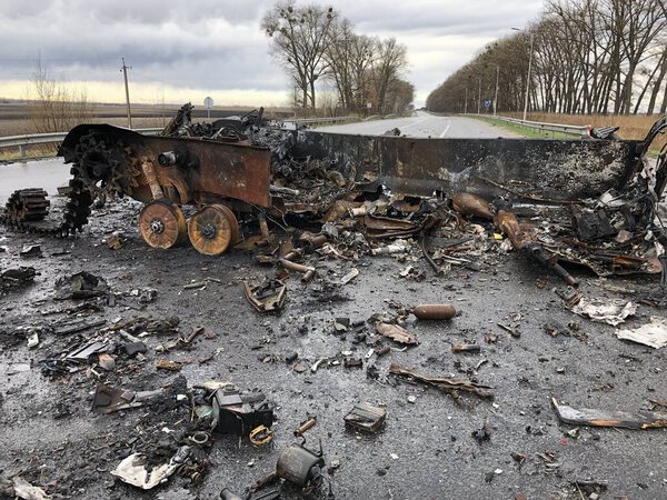 Borodyanka, Kyiv region, Ukraine. April 08, 2022: destruction and burnt out Russian military vehicle in Borodyanka