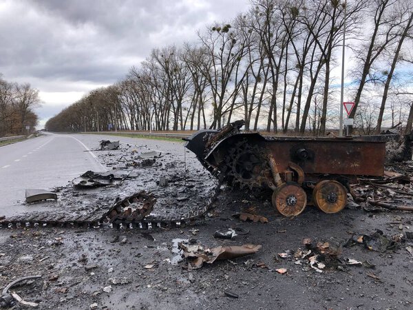 Borodyanka, Kyiv region, Ukraine. April 08, 2022: destruction and burnt out Russian military vehicle in Borodyanka