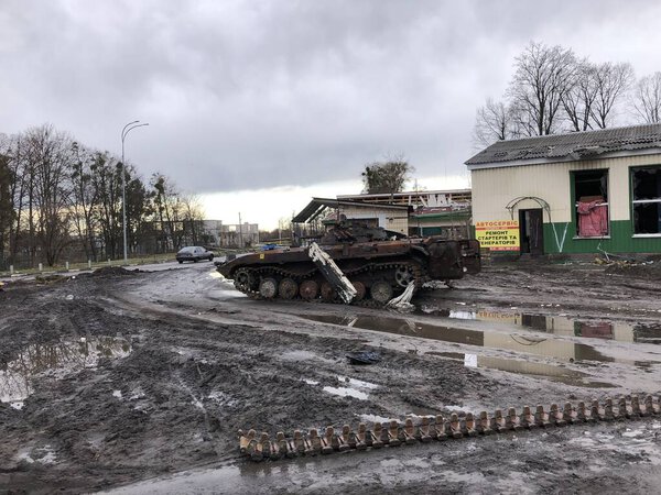 Borodyanka, Kyiv region, Ukraine. April 08, 2022: destroyed building after russian occupation 