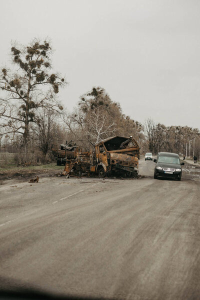 Borodyanka, Kyiv region, Ukraine. April 08, 2022: destruction and burnt out Russian military vehicle in Borodyanka