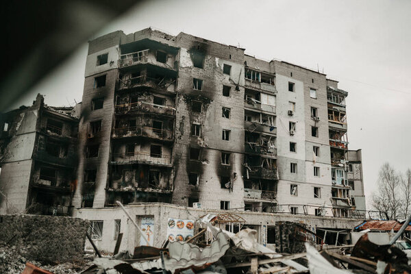 Borodyanka, Kyiv region, Ukraine. April 08, 2022: destroyed building after russian occupation 