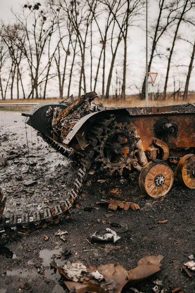 Borodyanka, Kyiv region, Ukraine. April 08, 2022: destruction and burnt out Russian military vehicle in Borodyanka