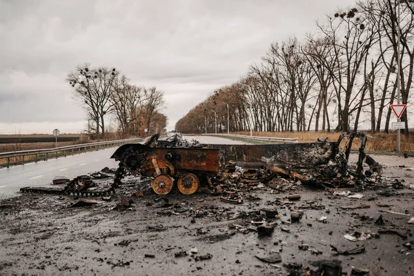 Borodyanka Kyjevská Oblast Ukrajina Dubna 2022 Zničení Vyhořelé Ruské Vojenské — Stock fotografie