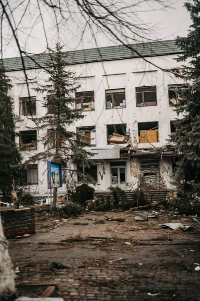 Borodyanka Regiunea Kiev Ucraina Aprilie 2022 Clădire Distrusă După Ocupația — Fotografie, imagine de stoc