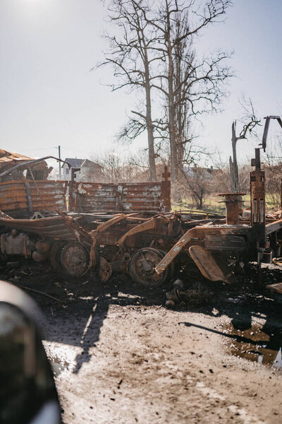 Borodyanka, Kyiv region, Ukraine. April 08, 2022: destruction and burnt out Russian military vehicle in Borodyanka
